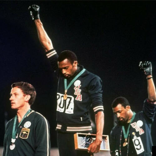 Tommie Smith and John Carlos, 1968 Olympics, protesting racial injustice and oppression in Amercia